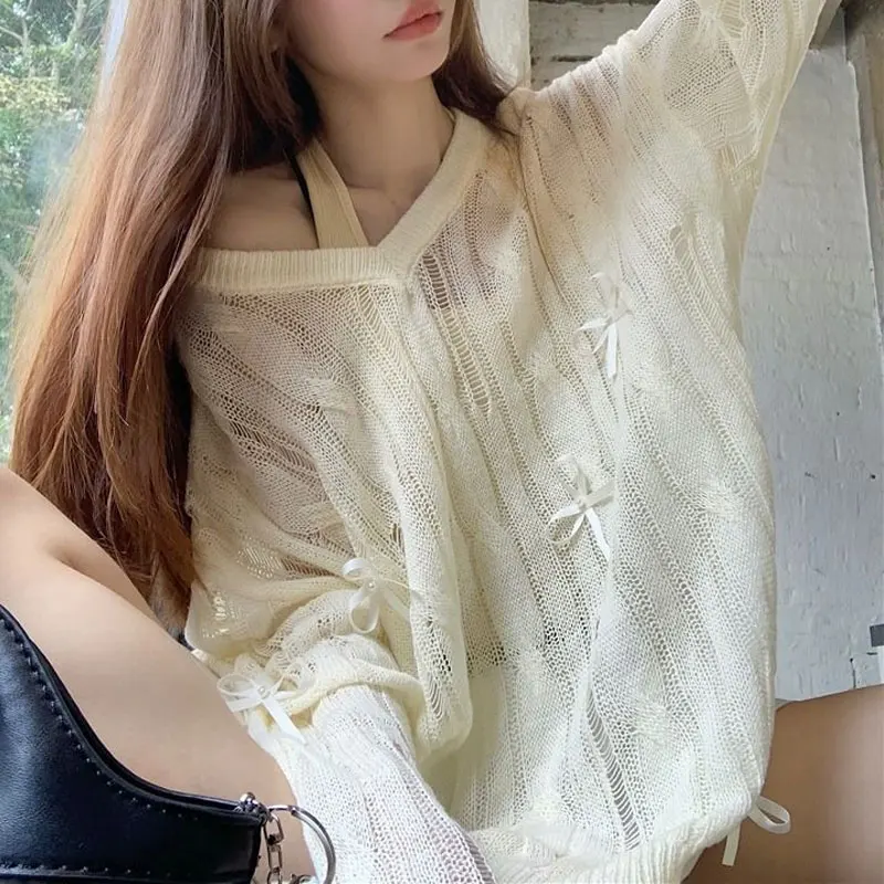 

Stylish Hollow Out Hole Pullovers Knitted Spring Summer V-Neck Female Clothing Solid Color Basic Korean Bow Long Sleeve T-shirts