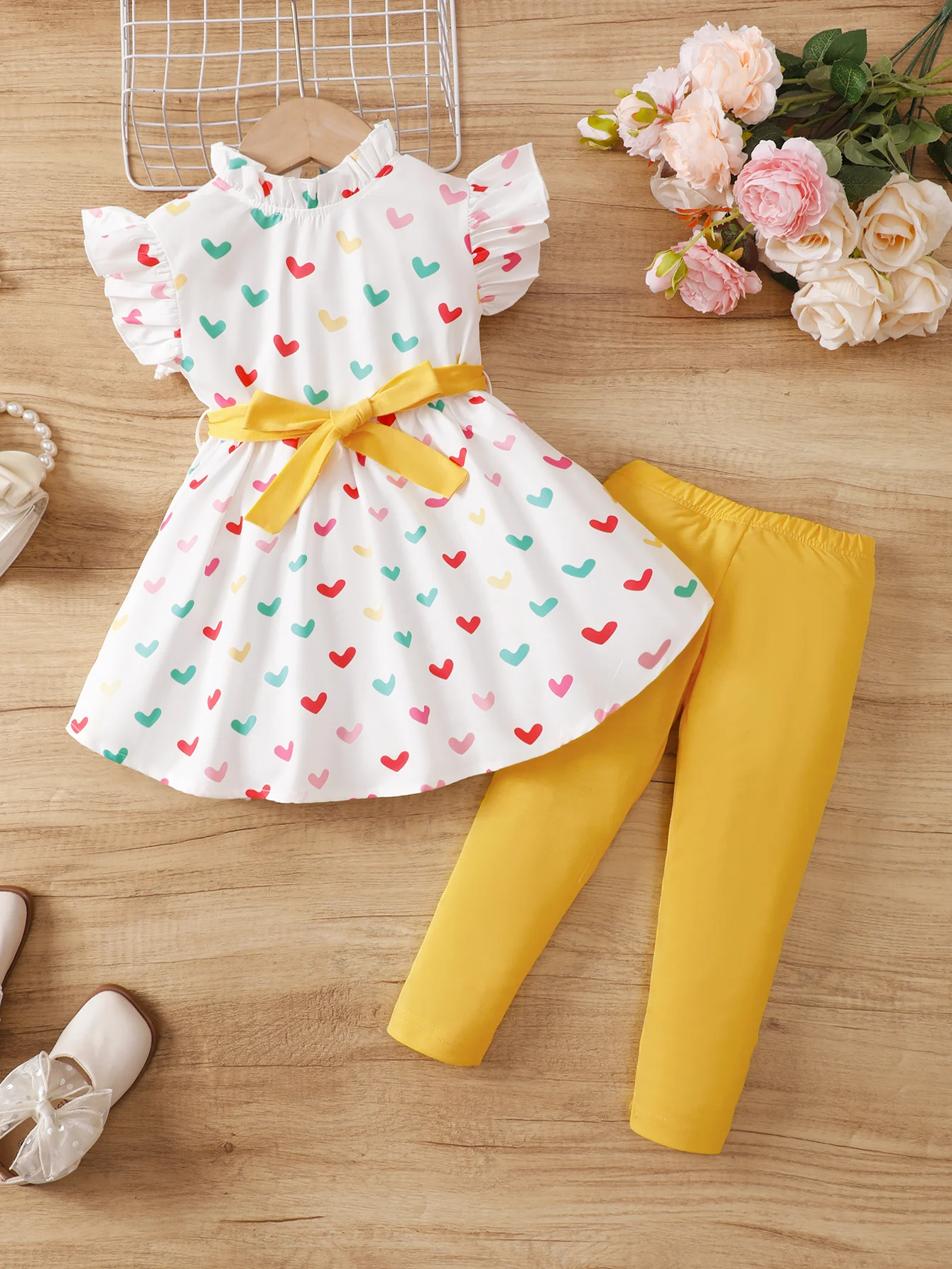 2PCS Kids Girl Lovely Clothing Set Heart Sleeveless Top with belt+Pants Little Girl Birthday Party Costume for Children 4-7Years