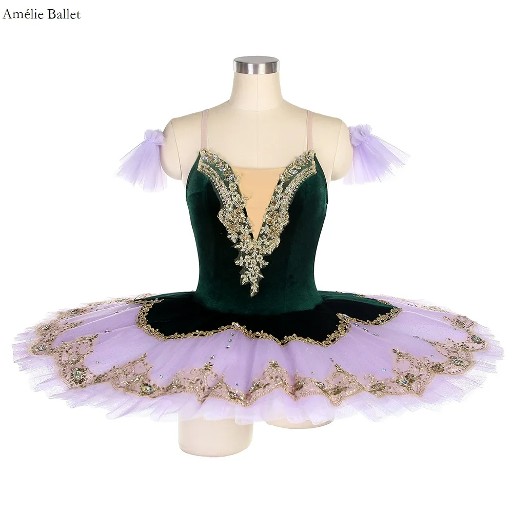 BLL499-Tutu de ballet pré-professionnel pour filles et femmes, corsage en velours vert, olympiques de performance sur scène, jupe en tulle violet