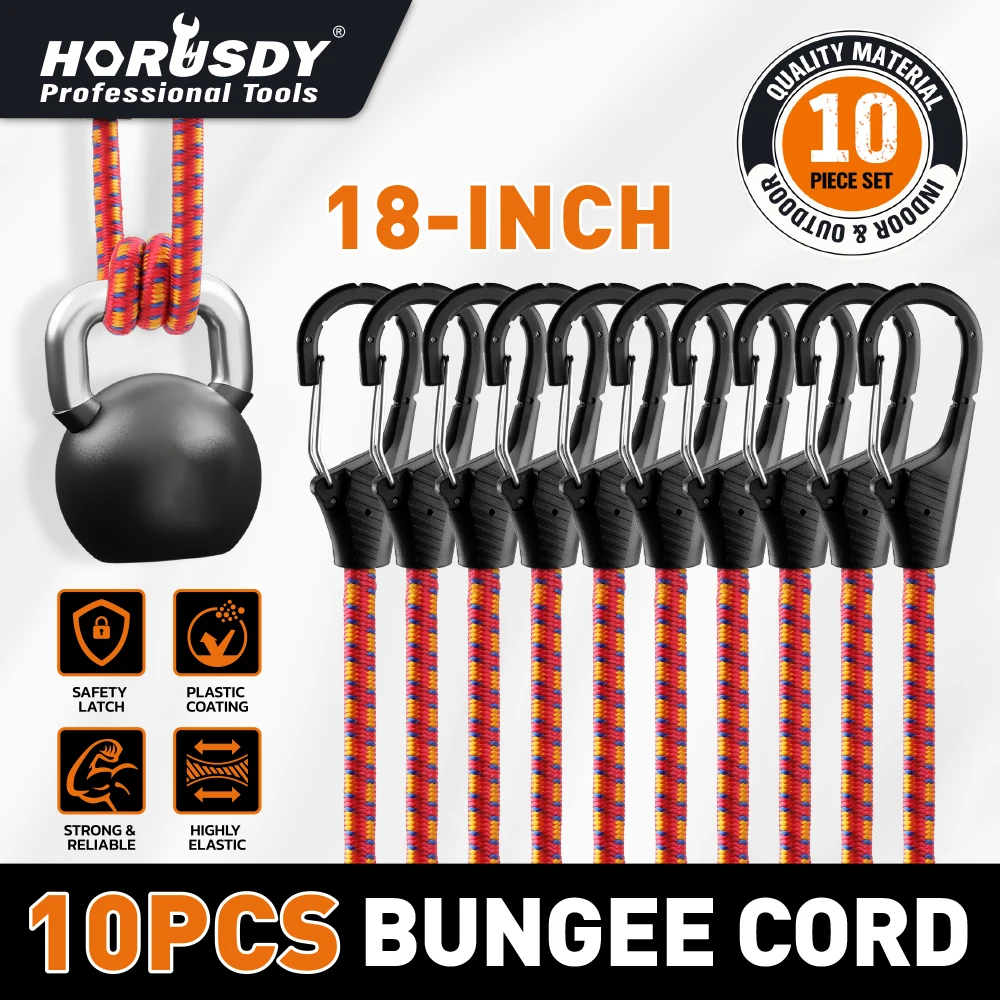 

HORUSDAY 18" Elastic Bungee Cords with Hooks: 10 Pcs Bungee Cords Heavy Duty Outdoor Bungie Cord Bundle Assortment