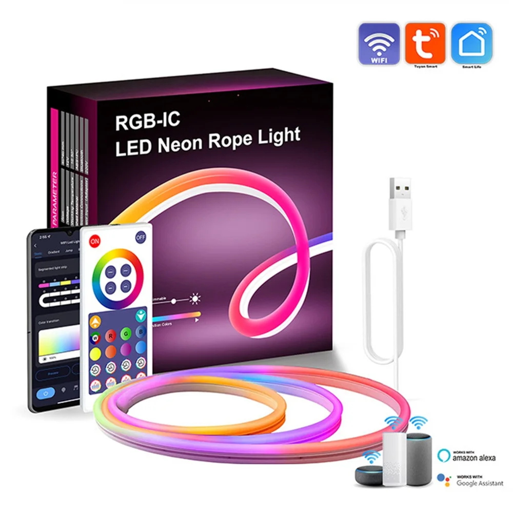 

Smart LED Neon Strip Light RGB Dimmable Tuya WiFi Waterproof RGBIC Chasing Flexible Rope Tape for Home Decor Work With Alexa