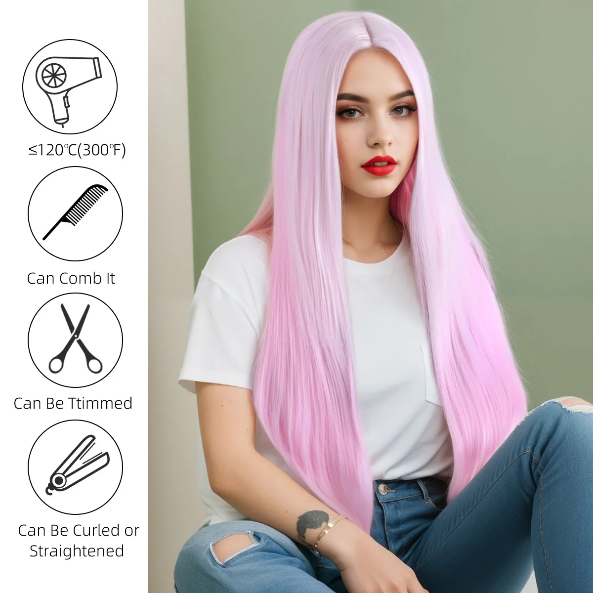 Cross border hot selling wig women's split long straight hair wig headband with gradient pink