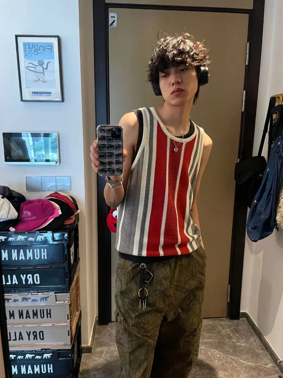 

Американский ретро-жилет в полоску, летний свободный вязаный топ, мужская и женская верхняя одежда, футболка с цветочным узором в стиле Lazy Design Sensation