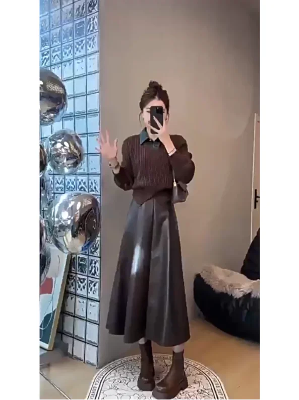 

Fall Faion Slimming Denim Patchwork Knitted Sweater Vest And Skirt Set Vintage Sle Casual Wear for Women Long Sve