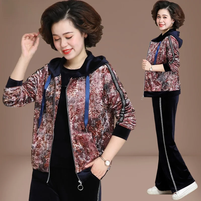 

Gold Velvet Hoodie And Pants Set for Women Autumn Faion Loose Fit Long Pants Zipper Closure Color Tee Piece Set