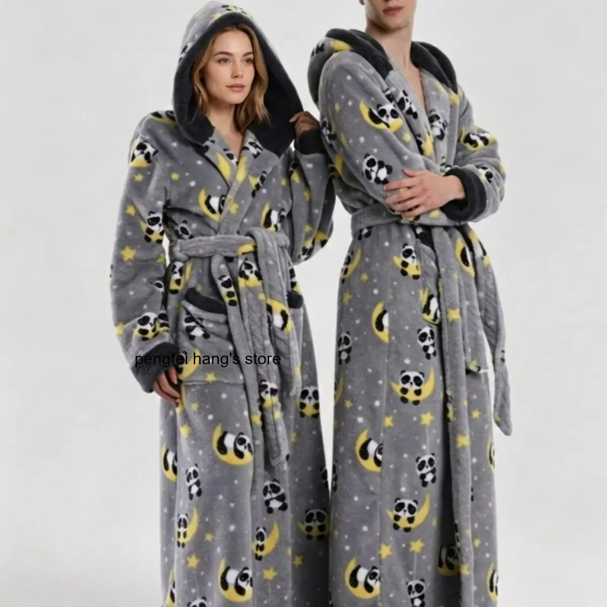 Winter Loose Fit Multi Color Animal Fruit Print Flannel Long Bath Robe with Double Pockets Belt Hooded Couples Loungewear Robe