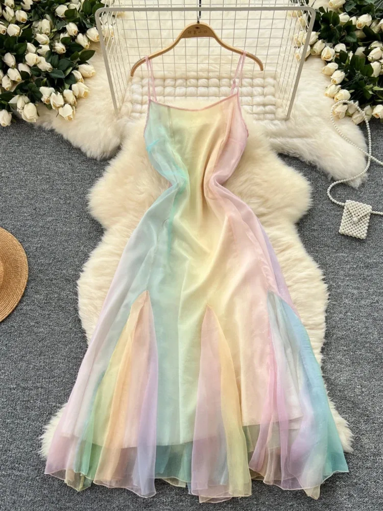 

French Rainbow Printed Beach Dress Women Summer Sleeveless Slim A-line Party Dresses Ladies Elegant Mesh Party Long Robe