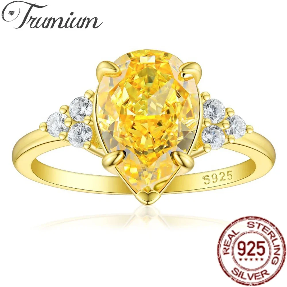 Trumium 4CT 100% 925 Sterling Silver Wedding Rings For Women Ice Flower Cut Yellow Pear High Carbon Diamond  Fine Jewery 8*12mm