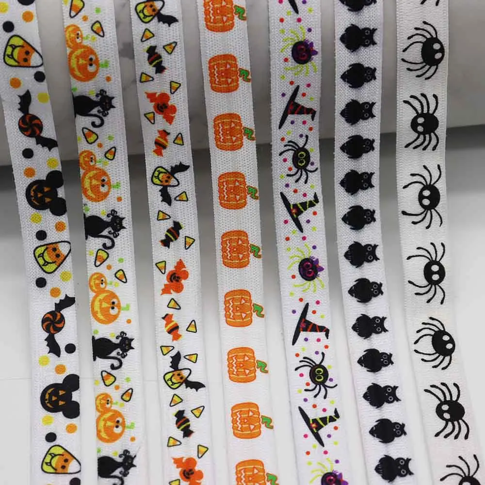 

5/8" 15mm Halloween Witch Pumpkin Bat Skull Spider Web Printed Fold Over Elastic Band FOE Ribbon For Halloween Decoration