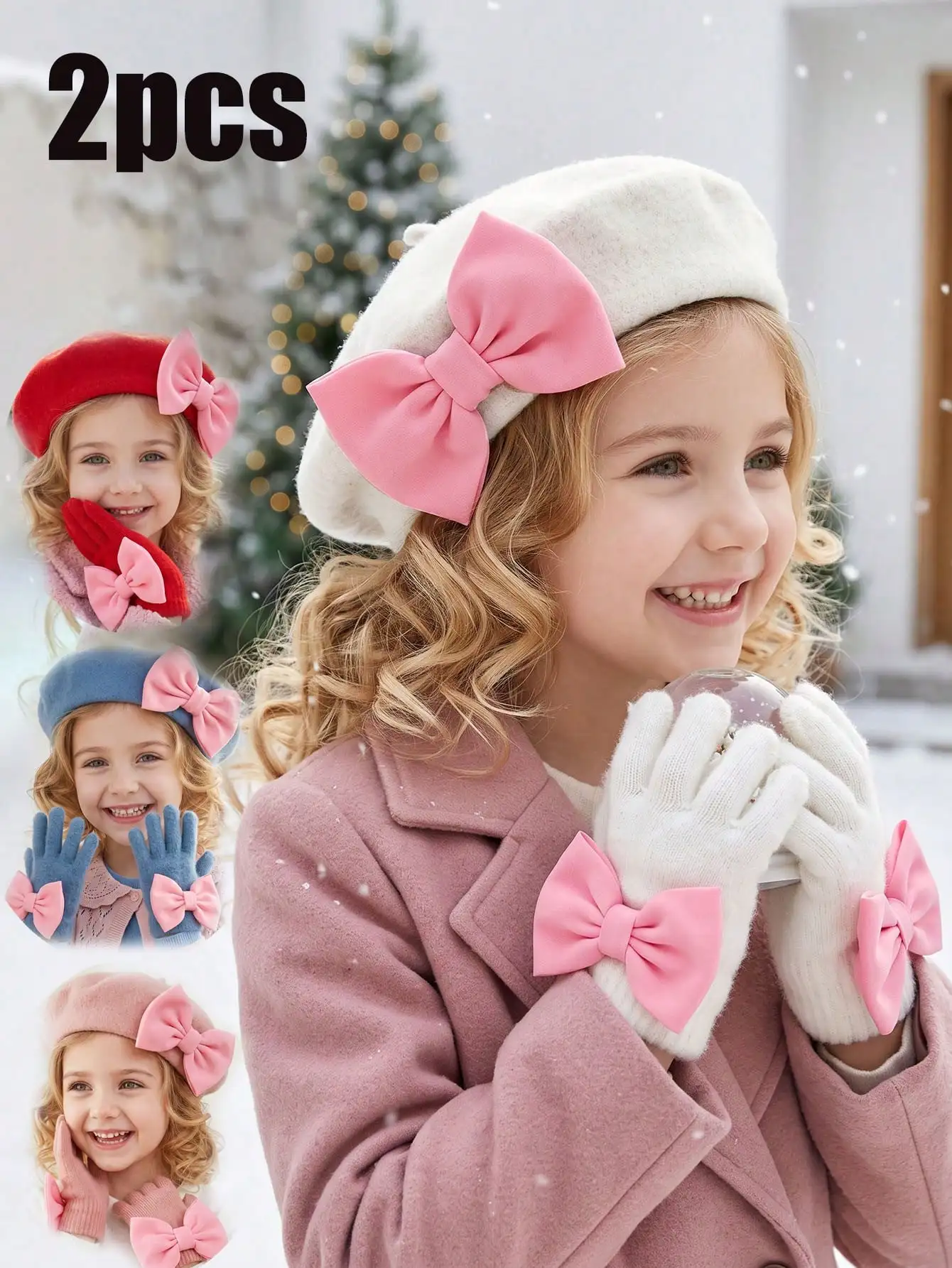 2Pcs Little Girls Butterfly Knit Beret & Gloves Set, Cute Kids Knit Combo for Daily Casual Matching Outfits