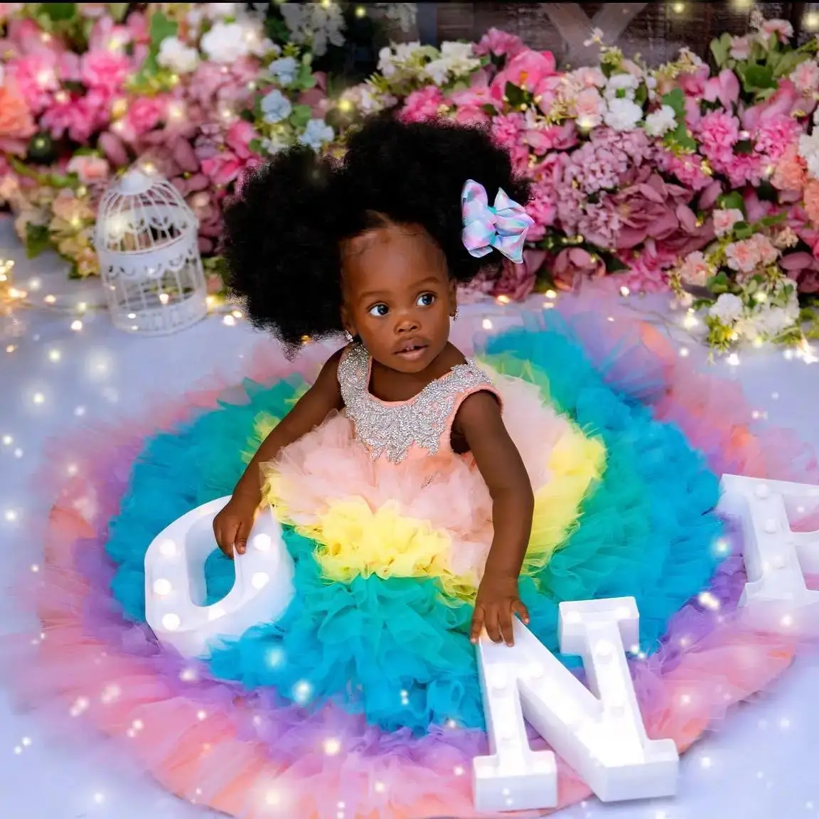 Abiti da festa di compleanno per bambini arcobaleno colorato Torta di perline Abiti da ragazza di fiori Abiti da ballo per bambini in tulle per matrimonio