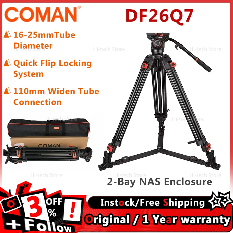 Coman DF26Q7 Aluminum Video tripod with fluid ballhead Professional Adjustable Hydraulic Damping Ballhead Widen Tube Connection