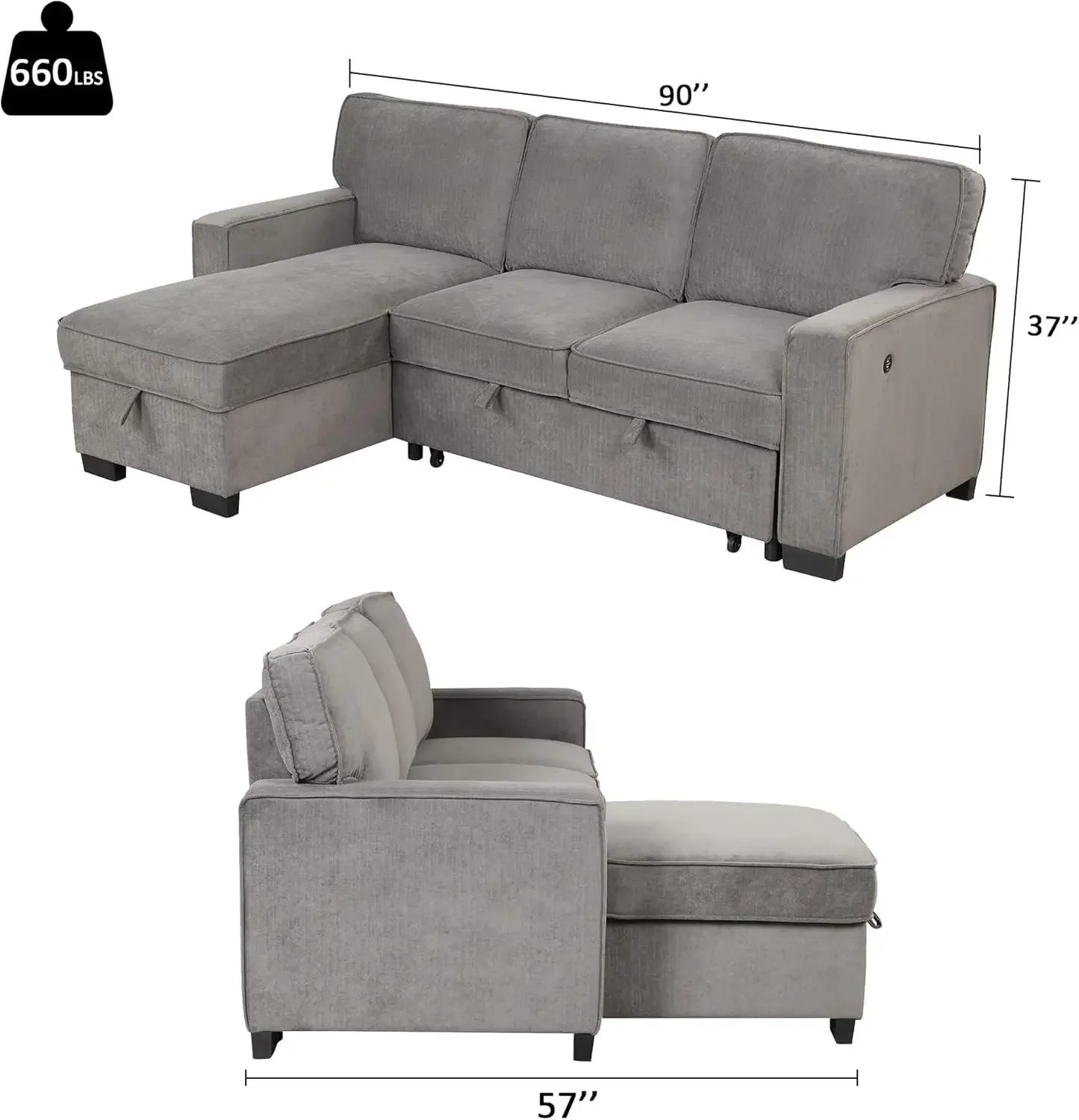 Convertible sleeper sofa 3-in-1L living room sofa with storage space, cushion sofa bed, bedroom USB port and cup holder