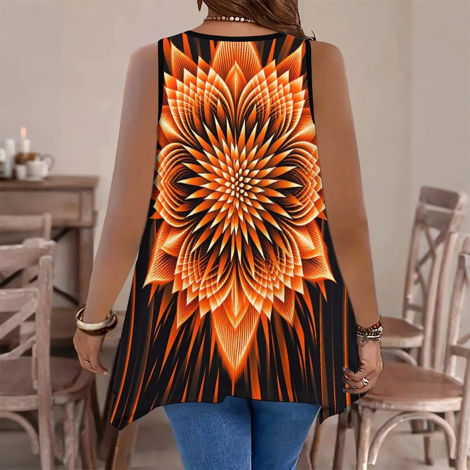 Women's Autumn/Winter Retro Print Round Neck Sleeveless Tank TopSlim and Casual Wear 3