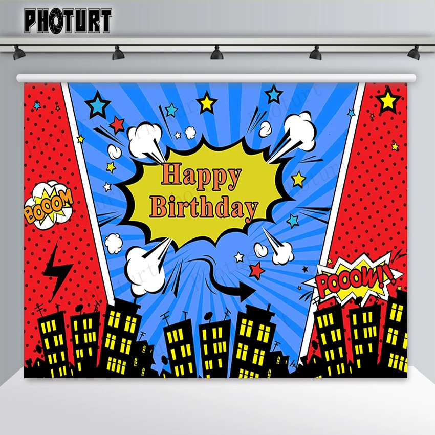 PHOTURT Superhero Boom Backdrop Kids Birthday Photography Background Super Hero City Night Building Vinyl Photo Booth Props