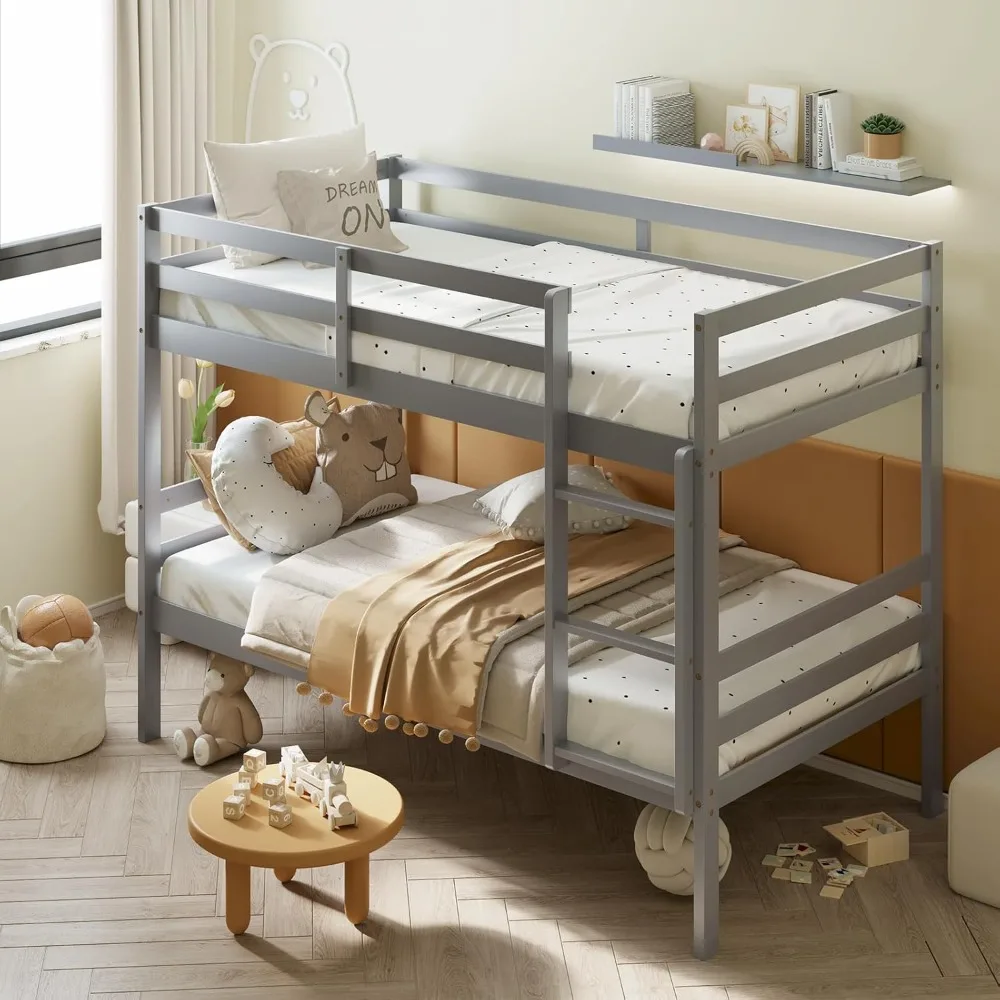 Bunk bed, solid wood bunk bed with sturdy ladder and 12