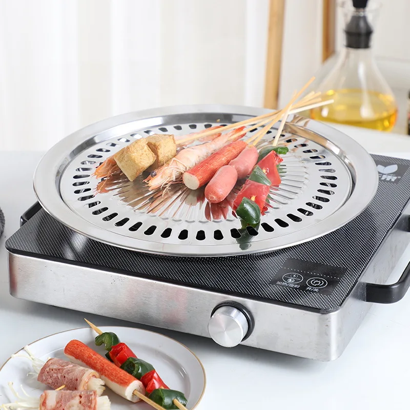 

Outdoor Stainless Steel Barbecue Round Plate Korean BBQ Iron Plate No Burnt Fat Household Picnic Smokeless Pan Tools