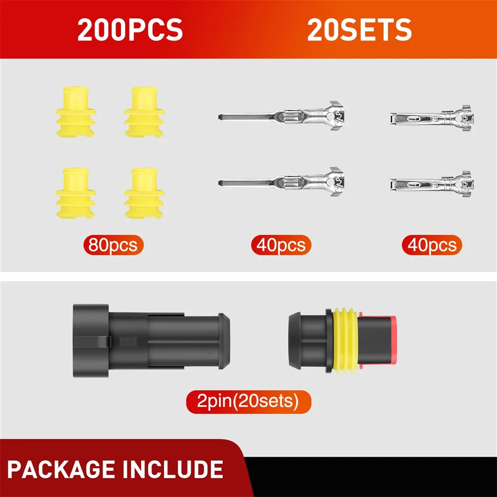 200PCS 2 Pin Electrical Connector ‎Plug Male Female Terminal Wire Waterproof Connectors 2 Way Automotive Connect Set for Car Boa
