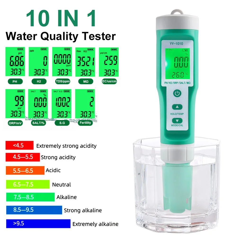 

Water Quality Tester PH Meters 10-in-1 EC TDS ORP H2 Fertile Salinity S.G. Resistivity Temperature Meter Backlit LCD Display