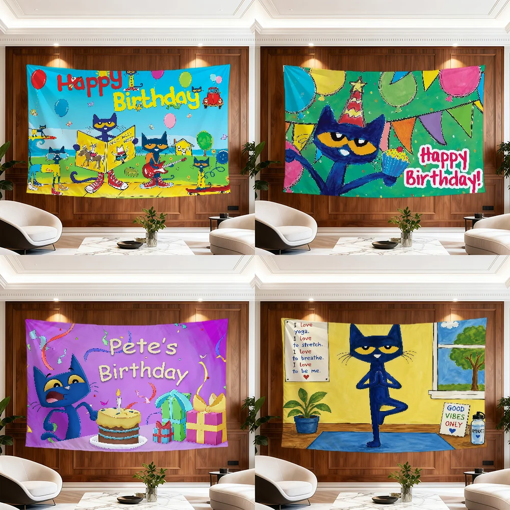 Bandera de cumpleaños con diseño de dibujos animados de Pete el Gato, para habitación, dormitorio, campamento, fiesta, garaje, bar, picnic, hogar, decoración del hogar, banderola para colgar en la pared, regalo