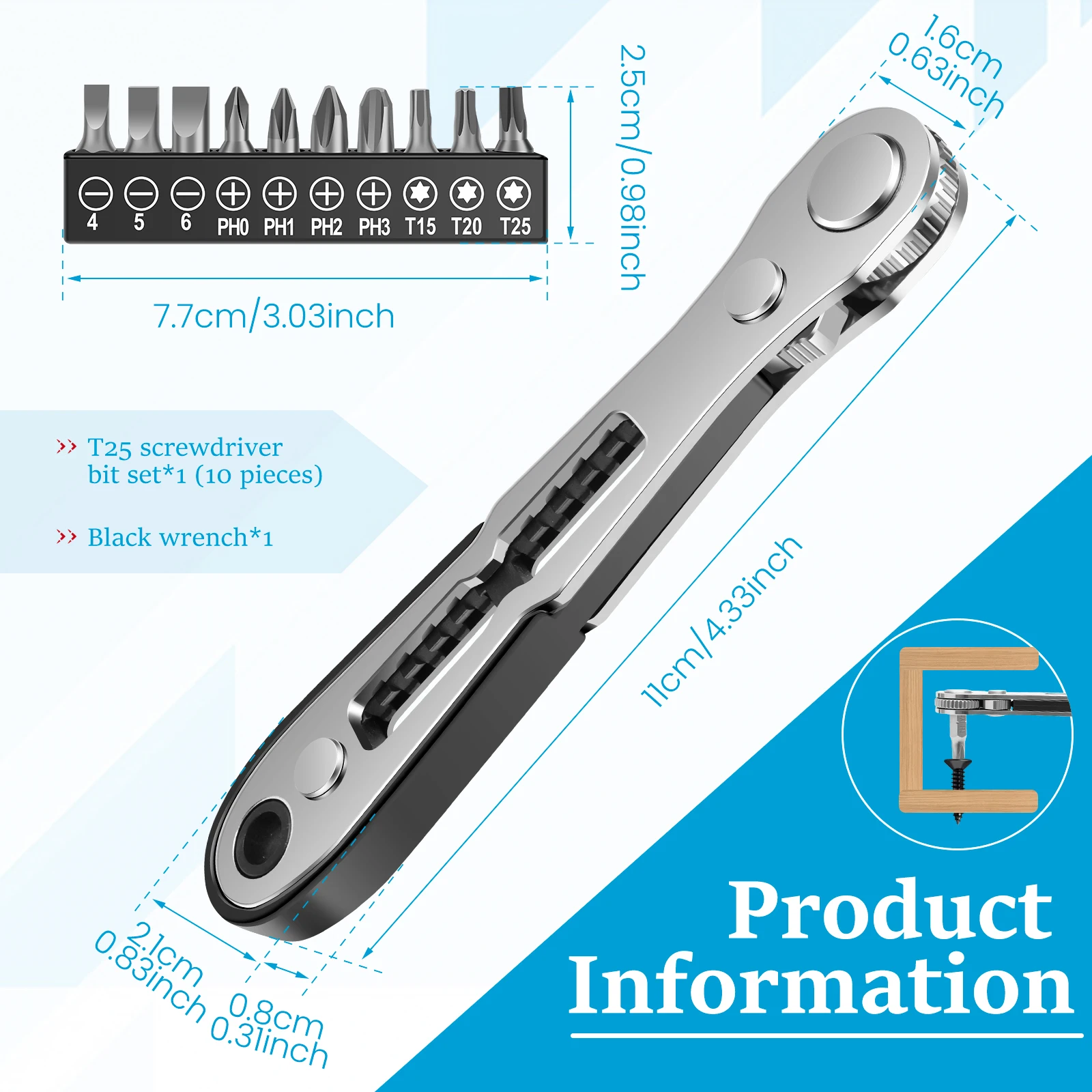 Right Angle Ratchet Screwdriver 10 Piece Bit Set Tight Space Tool 1 4 Inch Bits for Home Auto Furniture Repair