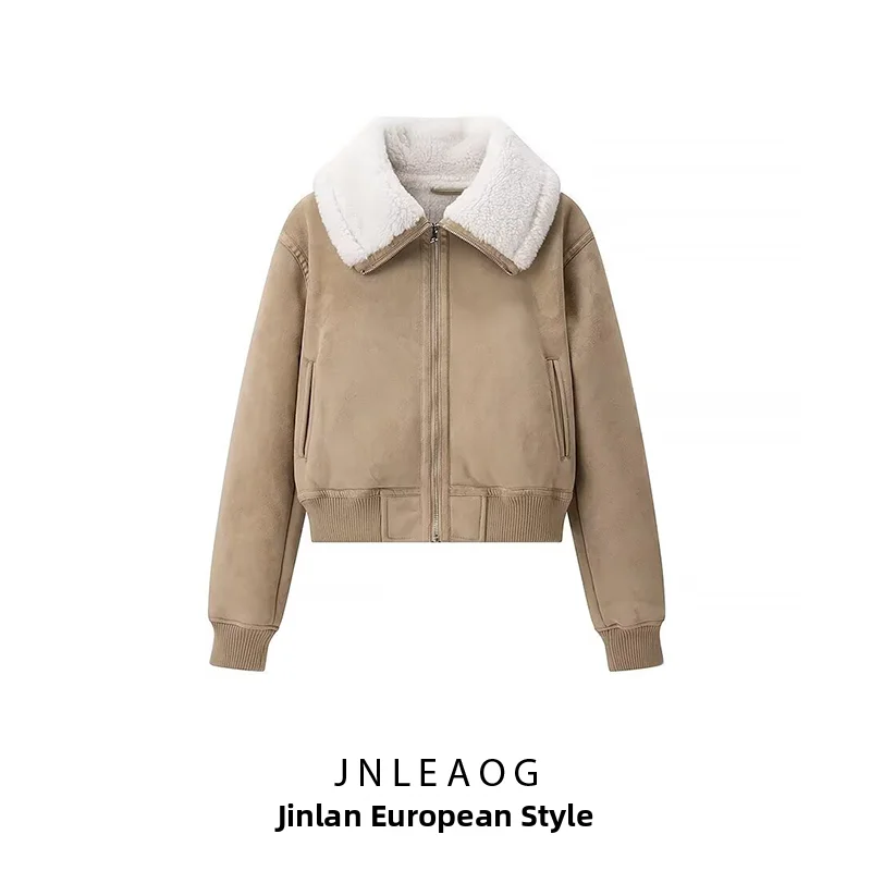 Fashionable Long Sleeve Fur And Leather Jacket Women's Autumn New Style Versatile Outerwear Stand Collar Zipper Short Coat