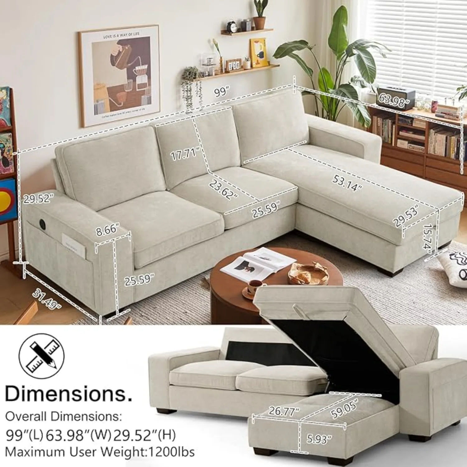 99“ Convertible Sectional Sofa,L Shaped Couch,Multi-Functional Reversible Sofa with USB and Type-C Charging Ports, Storage Space