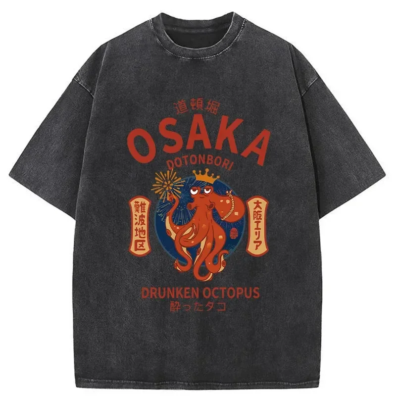 

Short Sleeved Round Neck Y2k Tshirt Men Clothing New in Top & Tees Mens T-Shirt Osaka Dotonbori Drunken Octopus Graphic Washed