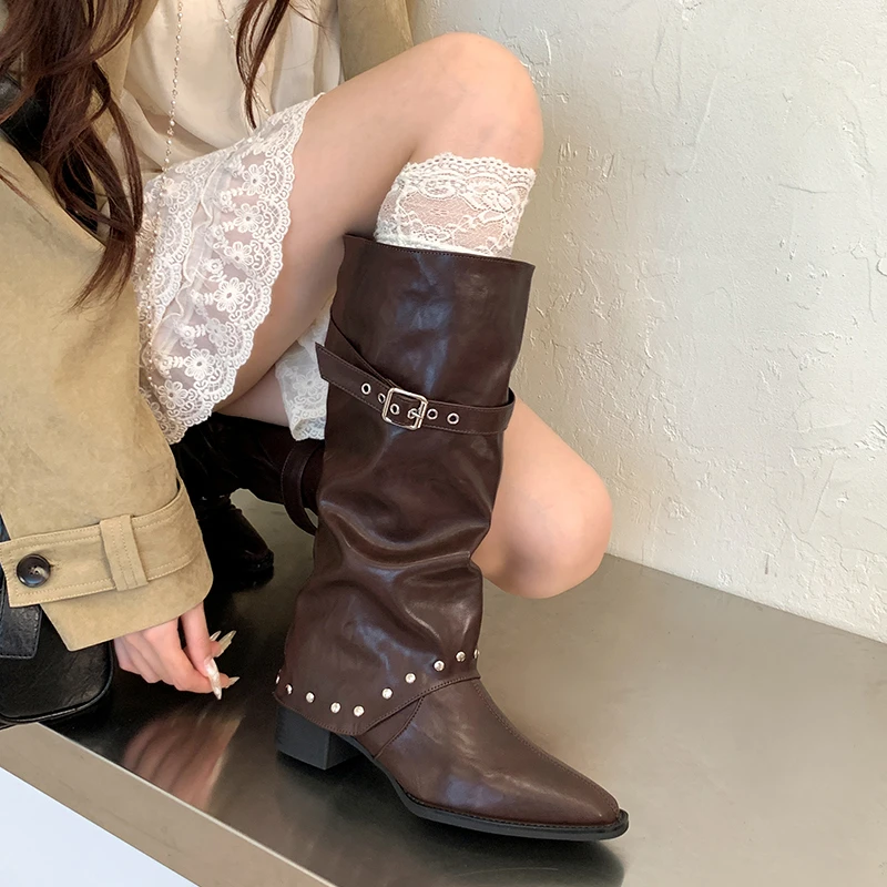 Autumn and Winter Slimming Versatile Retro Style Pointed Toe Thick Heel Rivet Pile Long Boots