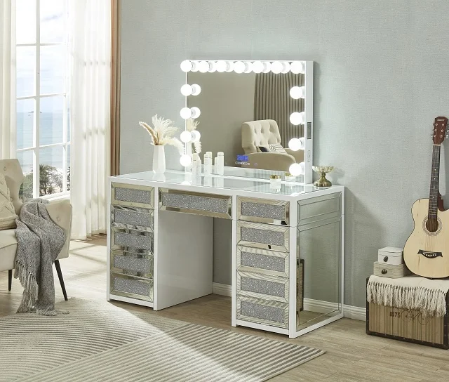 Luxury 11-Drawer Crushed Diamond Dressing Table 15-Bulb Illuminated Mirror Bluetooth Screen Speakers for Bedrooms