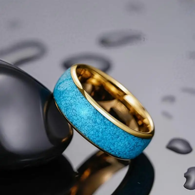 

Men's and Women's Tungsten Ring, Men's Wedding Ring, Turquoise Inlay, Gold Ring, Beveled Edge, Comfortable Fit