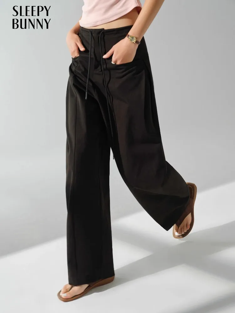 

High Waist Drawstring Wide Leg Pants for Women Relaxed Pleated Casual Trousers Autumn Loose Fit Straight Leg Slimming Streetwear