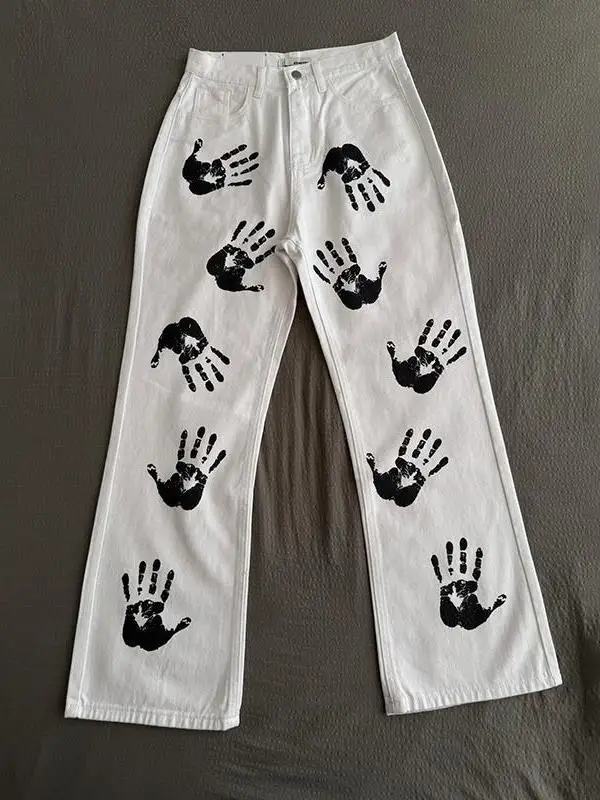 

Американские свободные джинсы прямого кроя с принтом пальм, расклешенные, для мужчин и женщин, в стиле хип-хоп, модные, повседневные, летние, с эффектом похудения