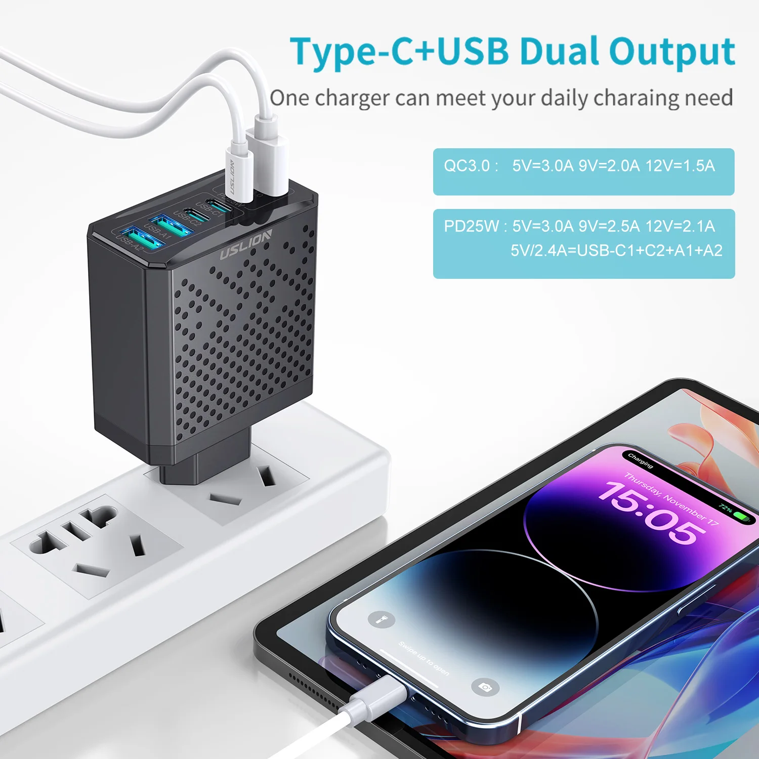 USLION Quick Charge QC+PD USB Type C Charger 25W QC3.0 Quick Charger For 6 in 1 USB C Laptop Fast Charging EU KR US UK Adapter