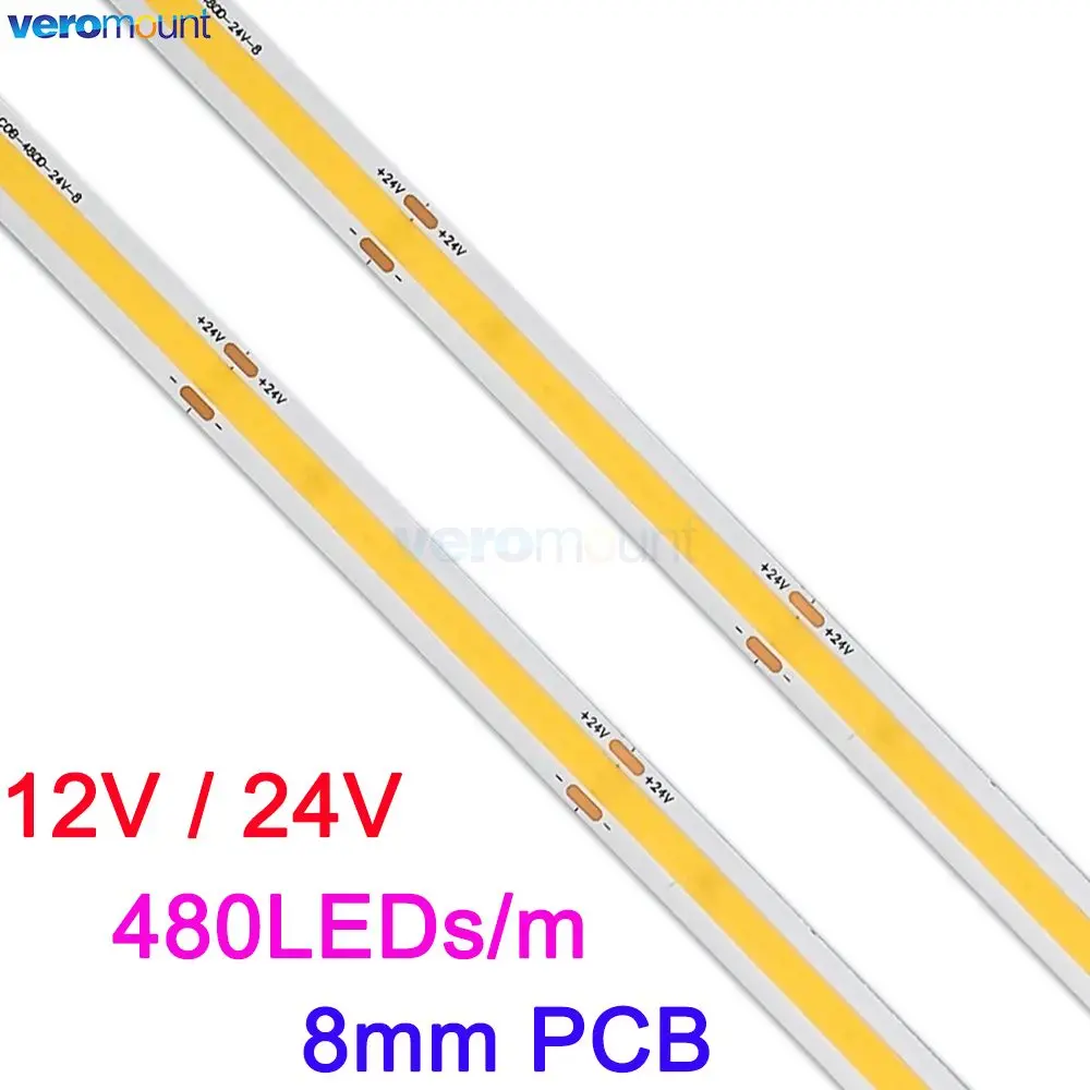 

DC 12V 24V COB LED Strip Light 8mm 480leds/m High Density Flexible Tape Light Linear Dimmable Ribbon Warm Nature Cool White RA90