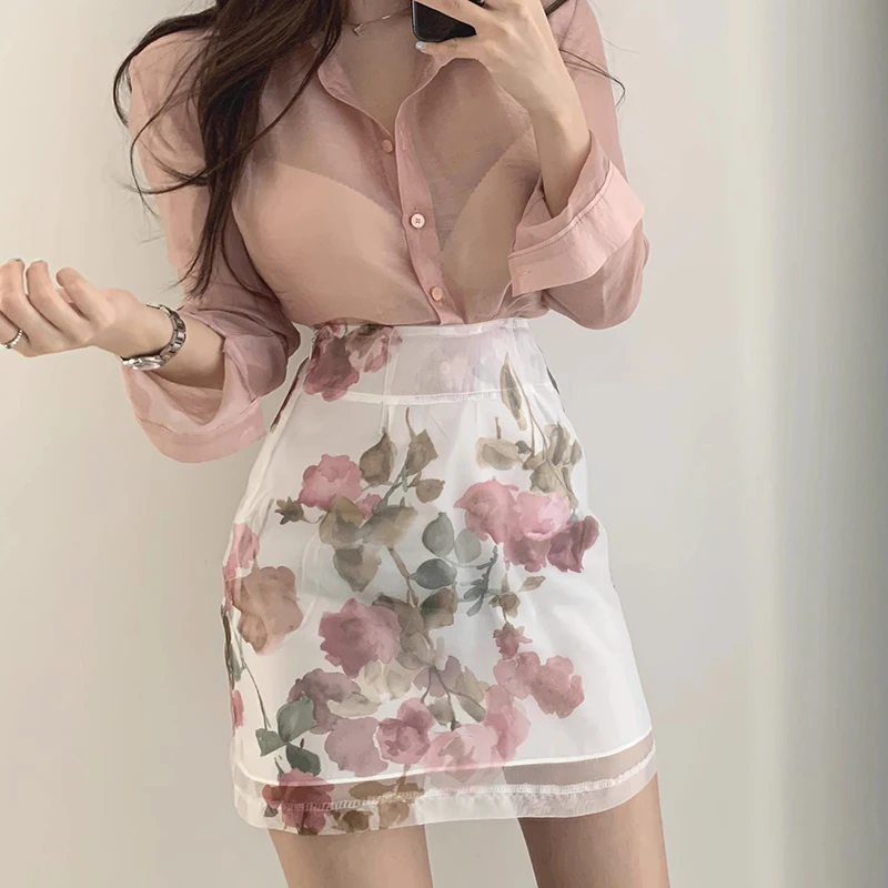 

Ele Vintage Long Sve Sun Protection irt High Waist Floral f Skirt Set Chic Spring Translucent Versatile Faionab...