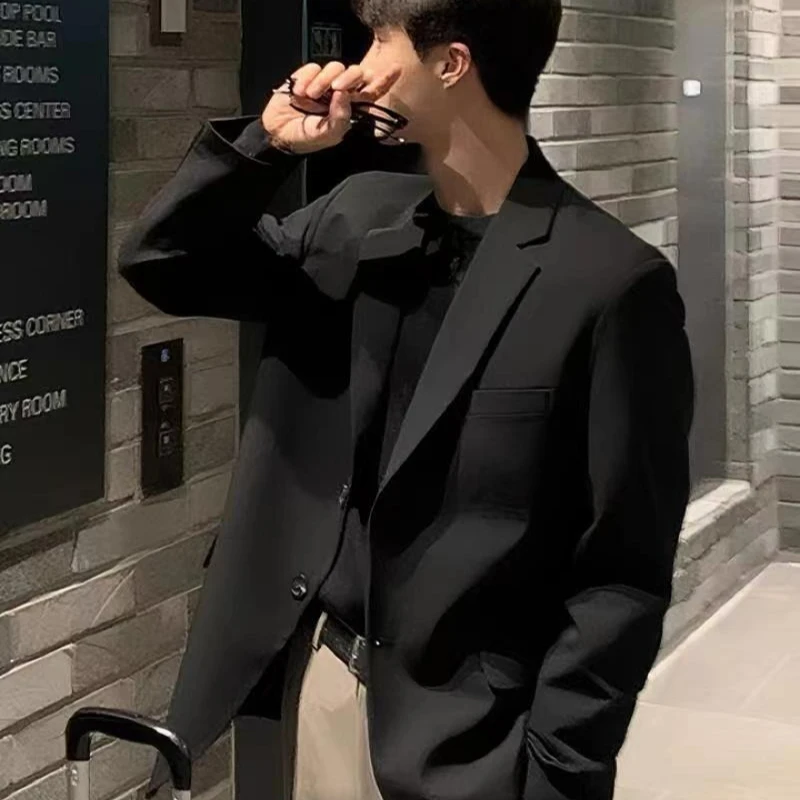 Men's Black Loose Fit Suit Set Casual Blazer Jacket Pants Outfit Korean Style Oversized Business Casual Large Size