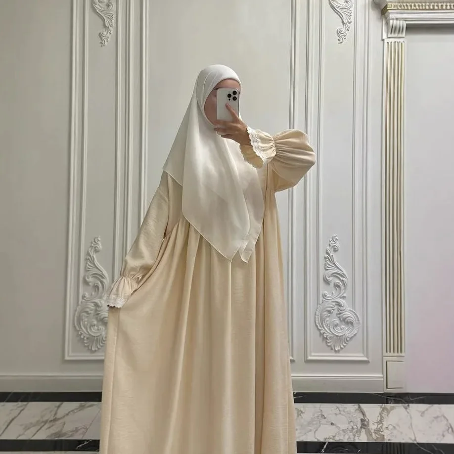 

Crinkled Modest Prayer Garment Women Muslim Dress Lace Abaya Dubai Kaftan Ramadan Turkey Islamic Jalabiya Kebaya Caftan Arabic
