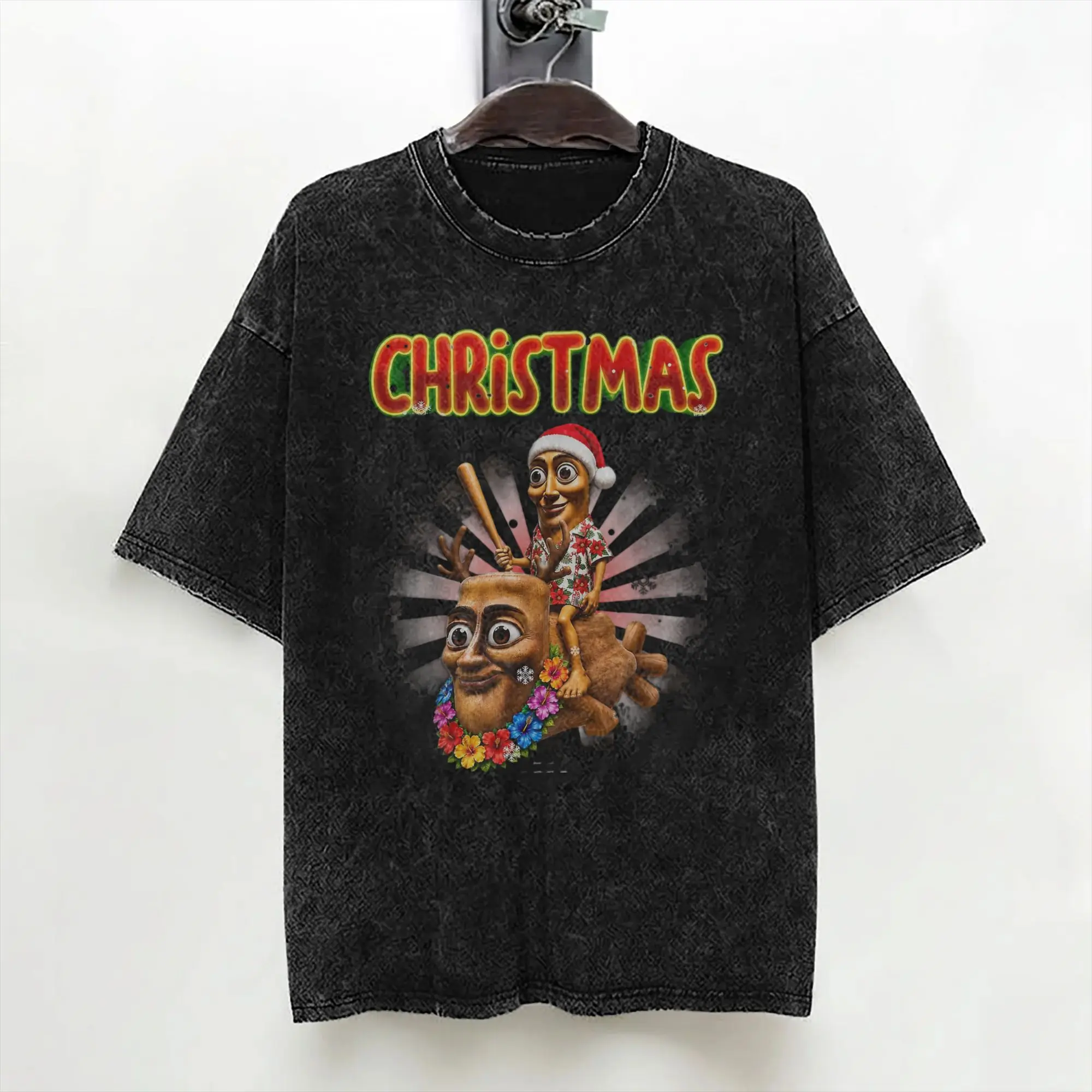Funny Flying Tung Tung Sahur Christmas  Meme T Shirts Hip Hop Washed Cotton Harajuku T-Shirts Men Women Tops Streetwear Tees