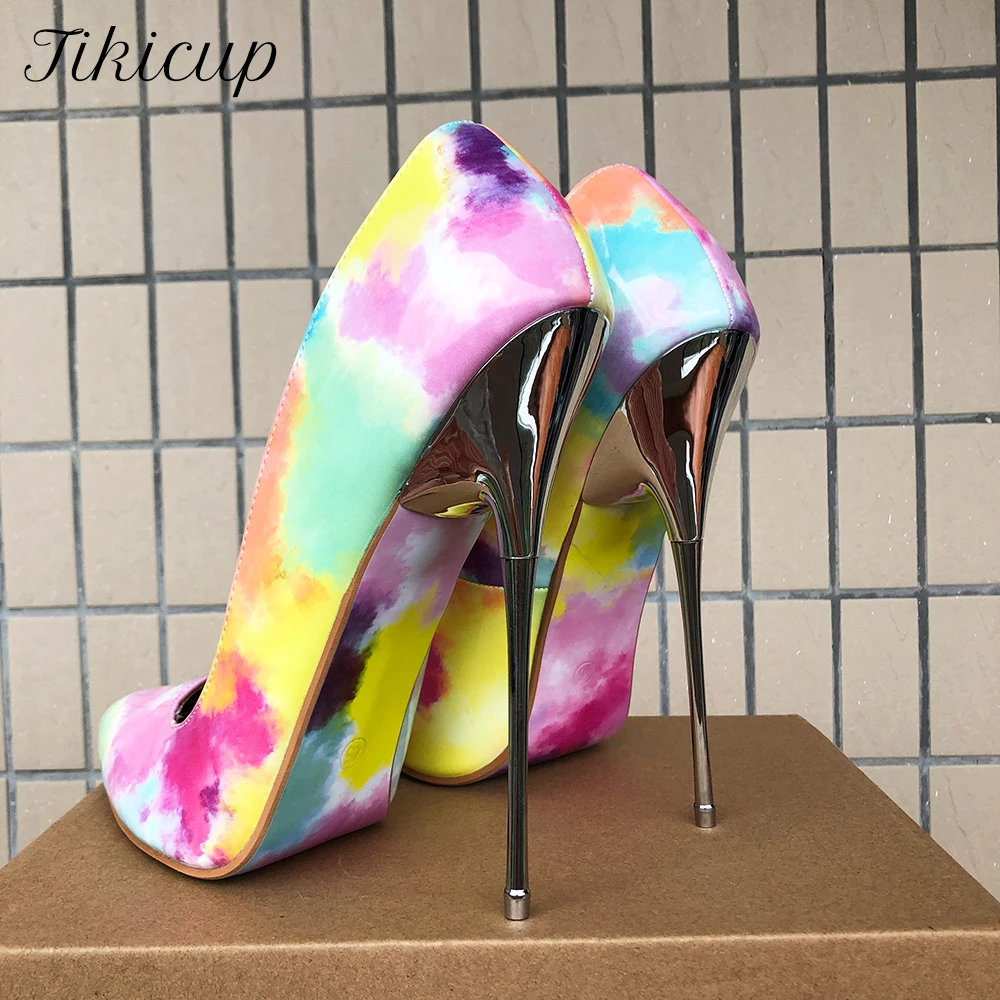 Tikicup 16cm Extreme Metal High Heels Women Sexy Graffiti Pink Stiletto Pumps Men Drag Queen Slip On Crossdresser Unisex Shoes