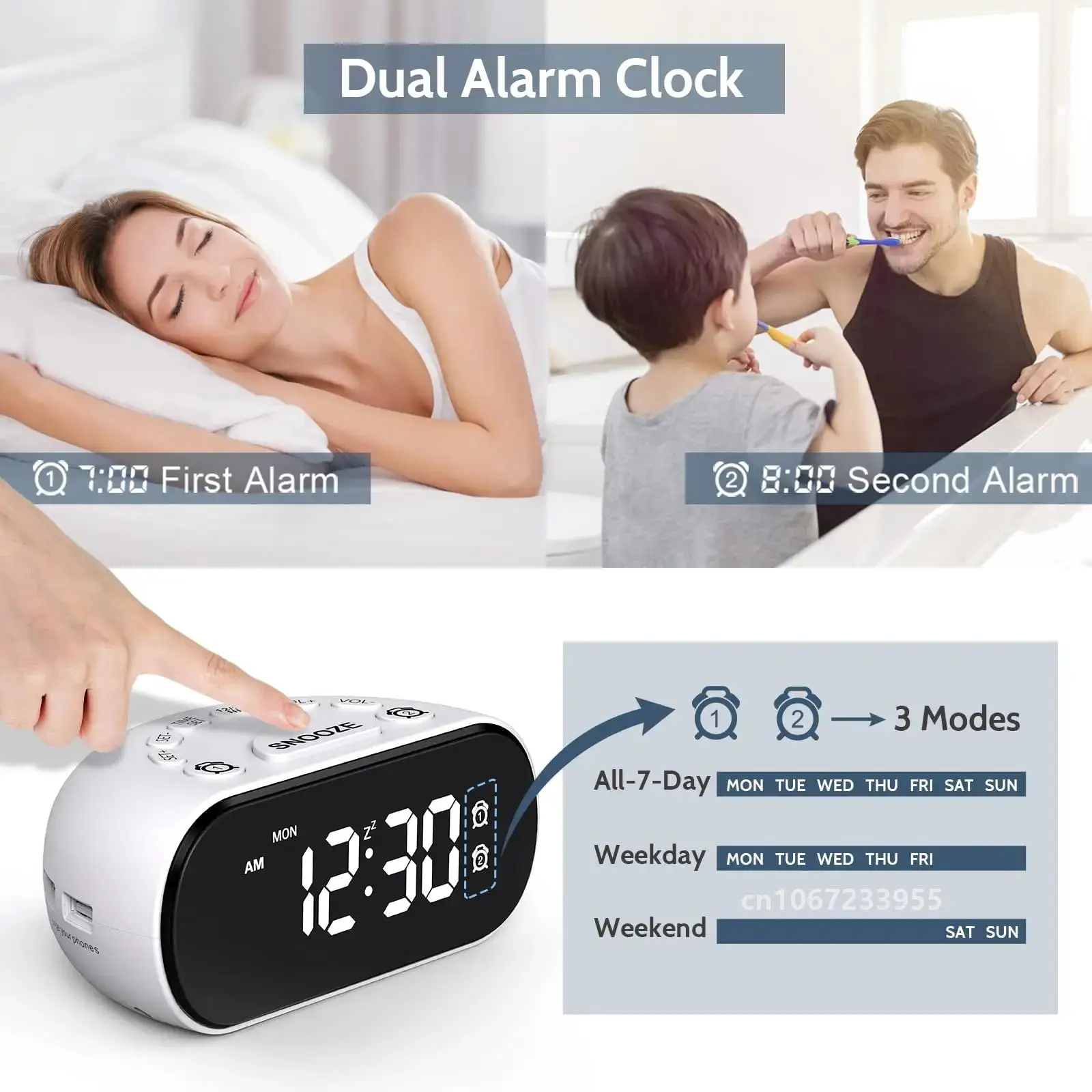 REACHER Weekday/Weekend Alarm Clock for Bedroom 0-100% Dimmer Dual Alarm 2 USB Ports Digital LED Display 5 Natural Wake Up Sound