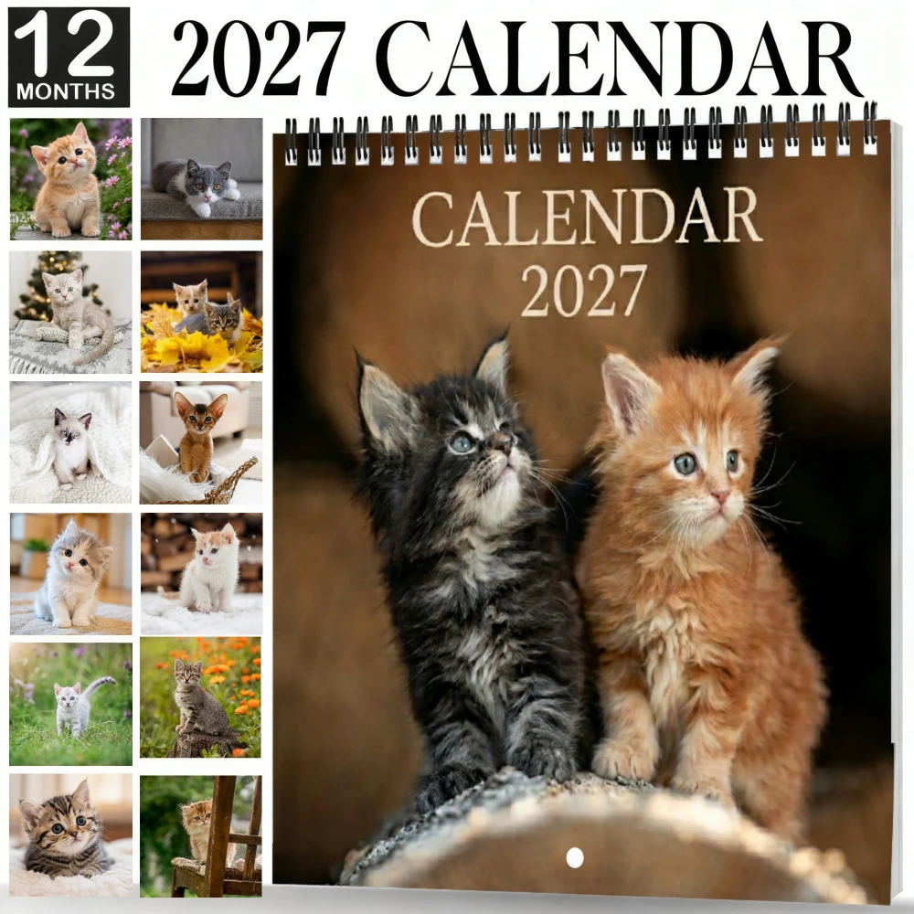 2027 Wall Calendar, 12-Month Cute Kittens Playing Design, Large Date Markings, Easy to Hang, Perfect Gift for New Year Holiday