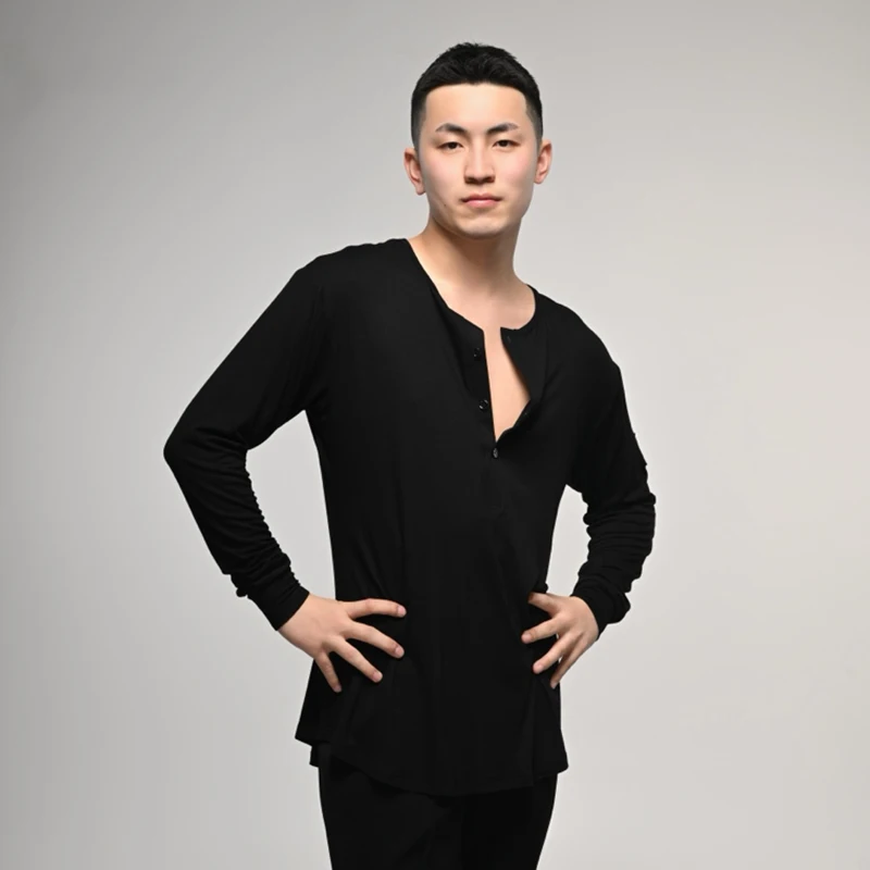 2025 nouvelle danse latine col en v hauts hommes manches longues vêtements d'entraînement mâle moderne danse vêtements noir adulte danse chemise XH2883