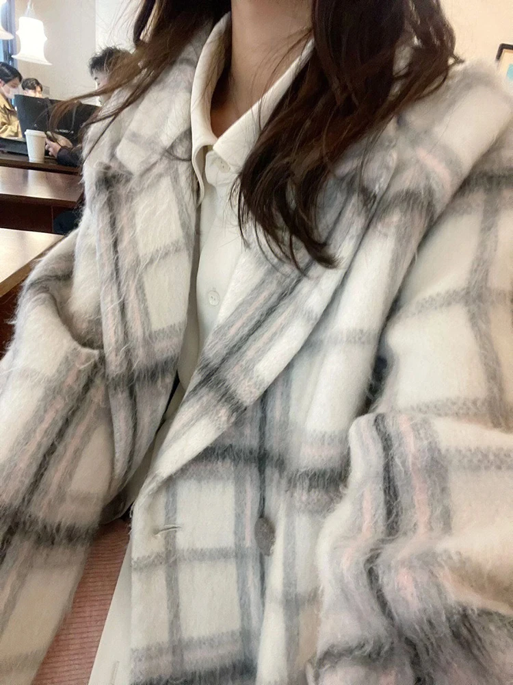 Plaid Wool Blend Jackter Coats Tops Korea Vintage Mid-length Double Breasted Lapel Loose Outerwears Winter Warm Women Chaquetas