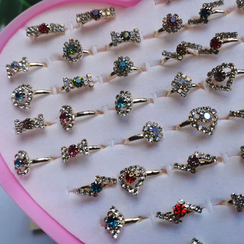 10/20/36pc Mixed Assorted Heart Oval Flower Mix Styles Colorful Crystal Adjustable Rings Baby Kids Girls Party Gifts