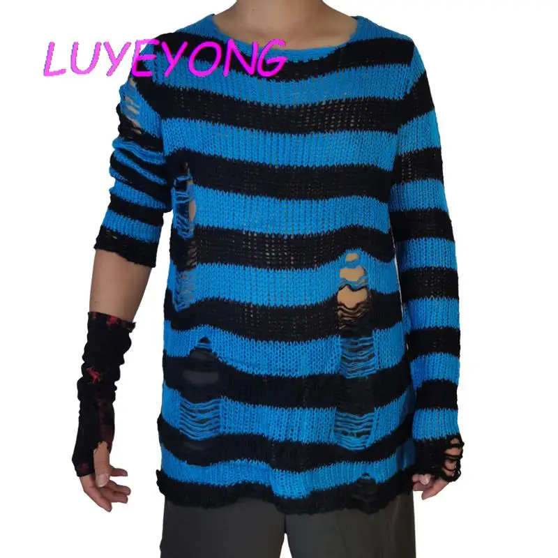 2024 Spring Man Pullovers Gothic Sweaters Punk O Neck Striped Long Sweater Unisex Hollow Out Long Sleeve Knitted Top Jumpers