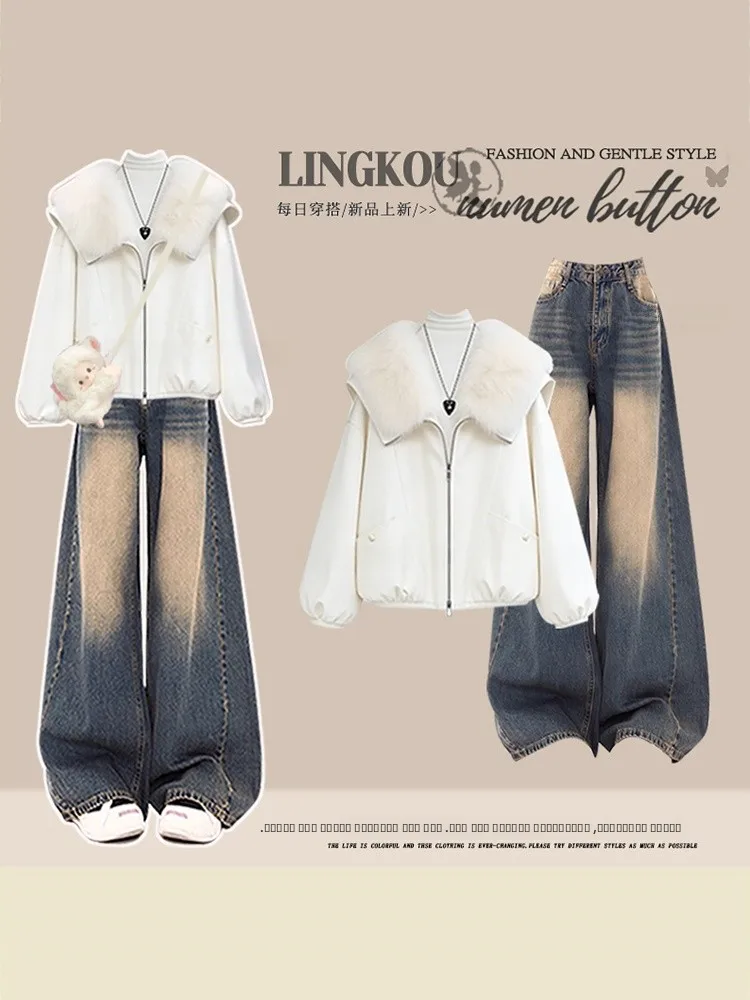 Ladies' Autumn Winter Faion Set High Waist Loose Jeans Long Sve  Collar down Jaet with Fur Collar Base irt Tee...