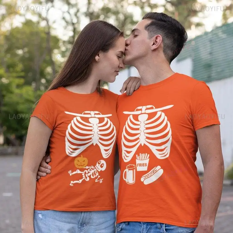 Family All Saints' Day Announcement Skeleton Graphic T Shirts Couple Halloween High Quality Cotton Costume Orange Short-sleev