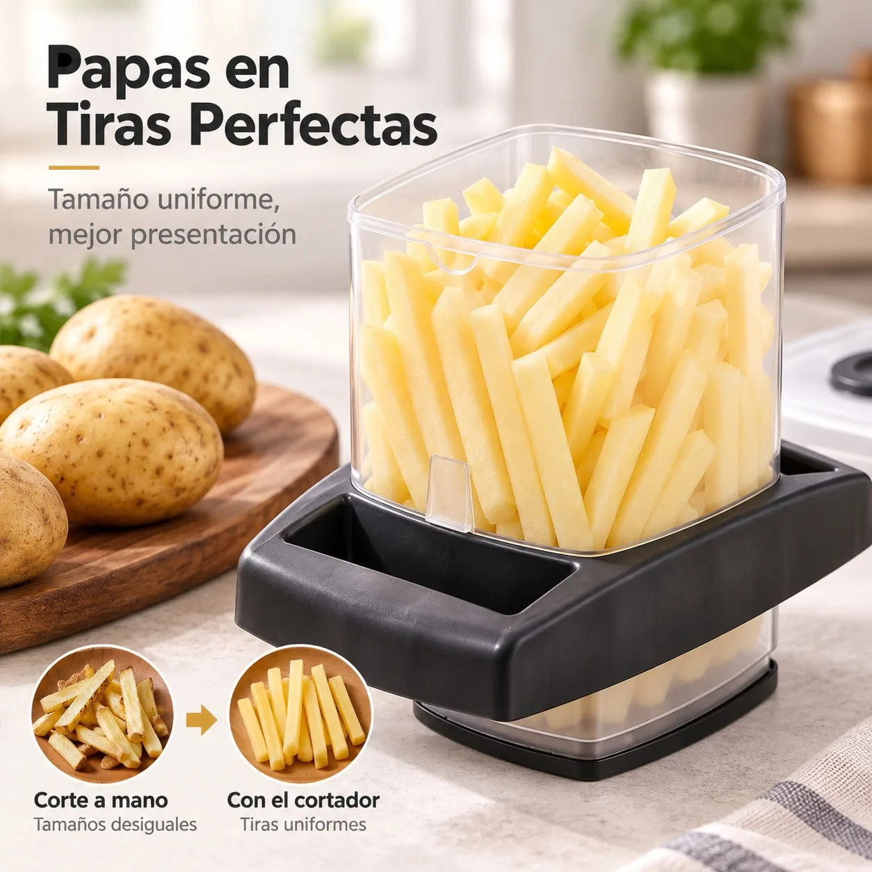 Cortador de Patatas y Verduras Manual en Bastones con Recipiente Transparente, Picador de Vegetales de Plástico con Cuchillas de Acero para Tiras Uniformes y Cocina Limpia