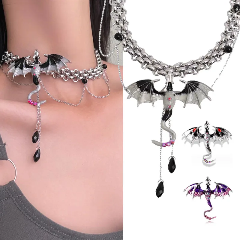 Collana gotica gioielli per le donne Goth Fly Dragon pendenti collane Crystal Choker Girls Punk Statement collana catena clavicola